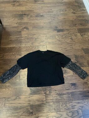 YoungLA Black Crewneck Sweater with Marbled Gray Layered Sleeves